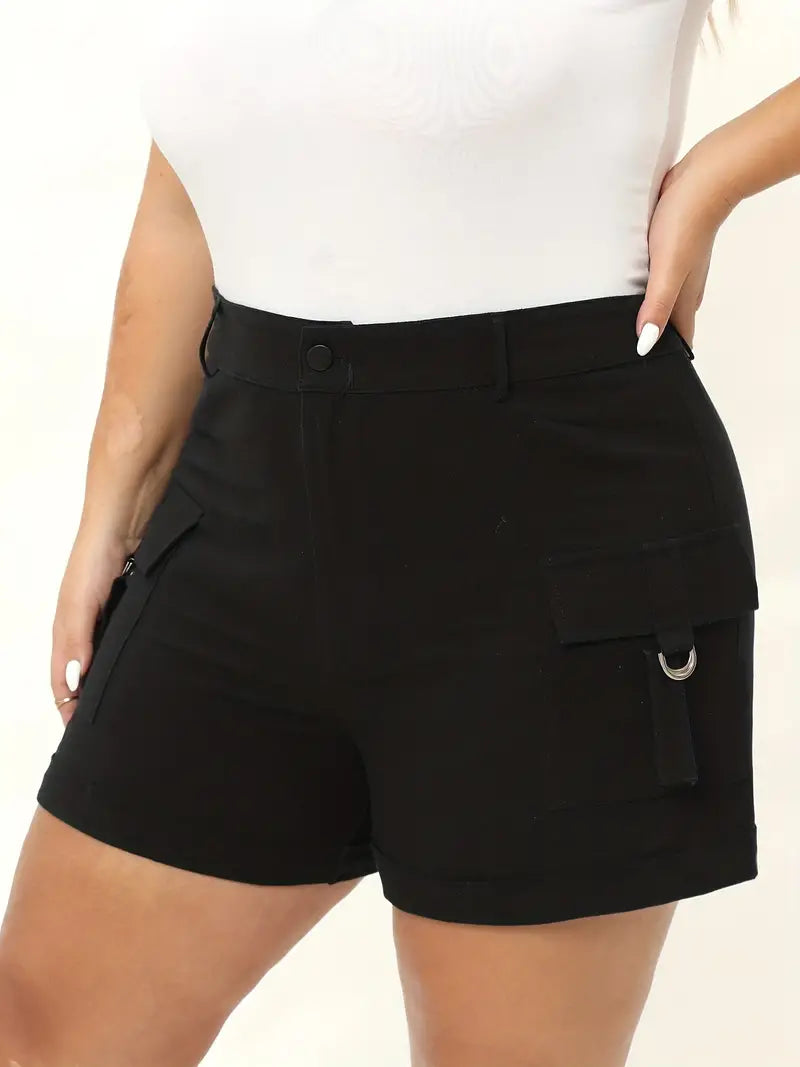 Short cargo décontracté de grande taille, short à boucle solide pour femmes, taille haute, braguette boutonnée, ourlet retroussé 