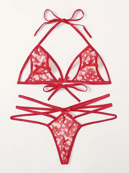 Flaunt Your Curves in This Sexy Plus Size Lingerie Set - Heart Print Mesh Cut Out Tie Back Bra & Strappy Thong!