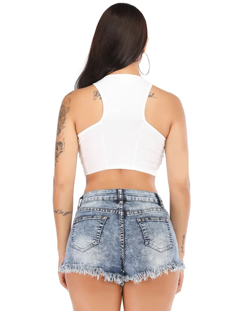 Ripped Raw Hem Side Split Denim Shorts, High Stretch Bright Steel Blue Sext Summer Denim Shorts, Women's Denim Jeans & Clothing