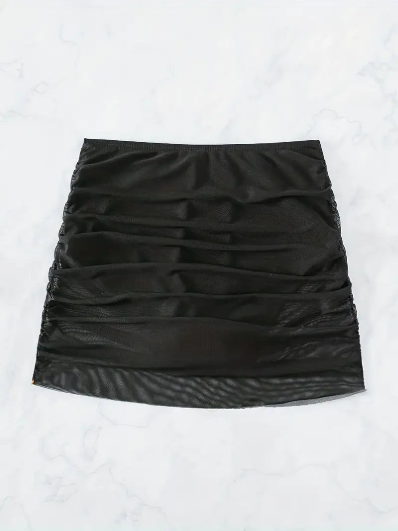 Black Contrast Mesh Beachwear Bottom, High-Stretch Semi-Sheer Sexy Style Beachwear Skirt, Women's Swimwear & Clothing