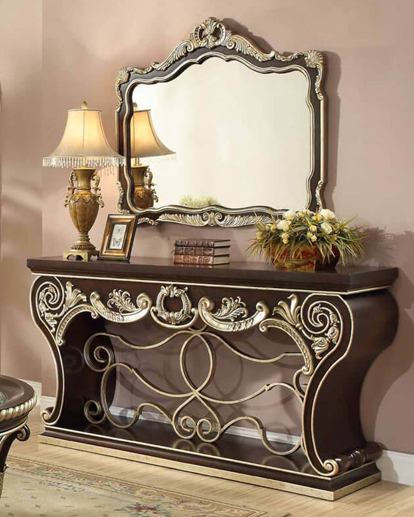 Console Table in Brown Cherry and Metallic Antique Gold