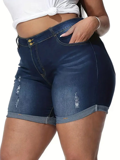 Plus Size Casual Denim Shorts, Women's Plus Ripped High Rise Medium Stretch Denim Shorts