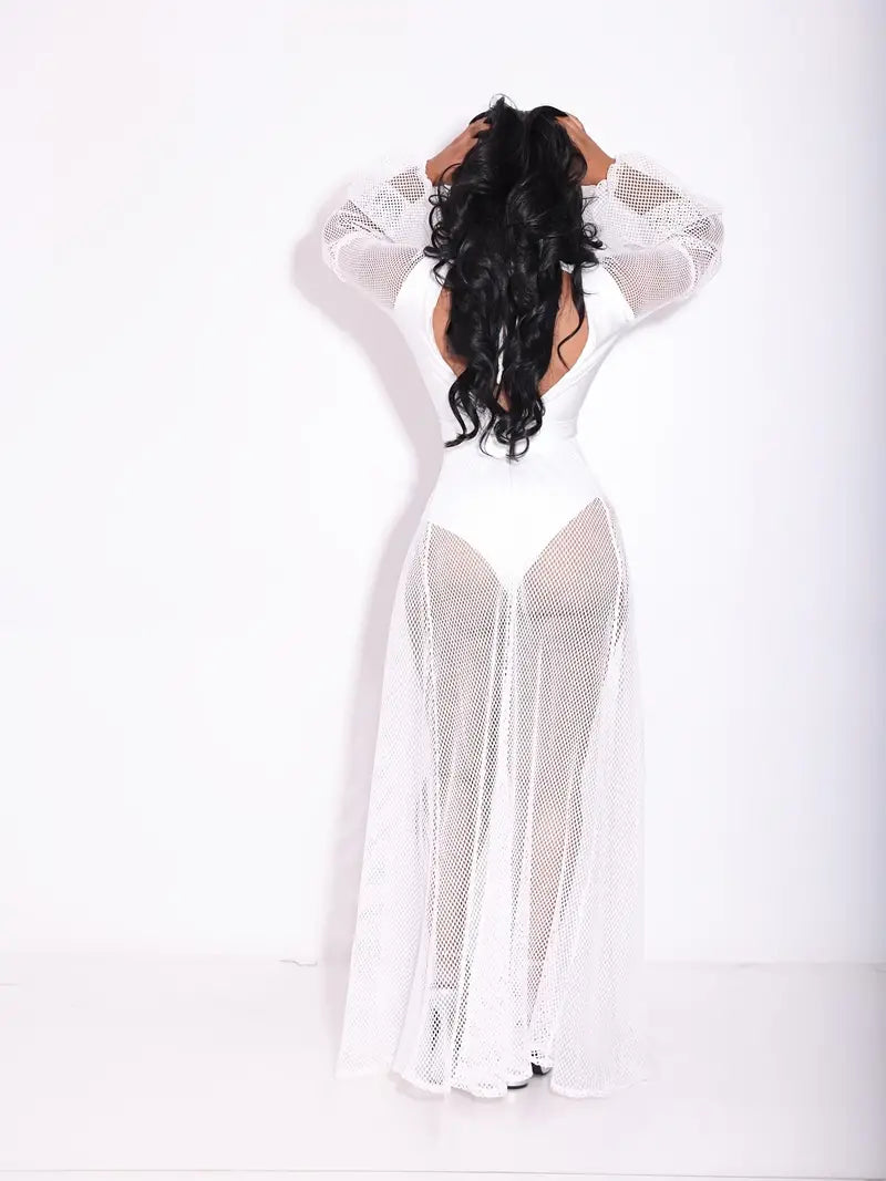 Sexy Mesh Hollow Out Fishnet See Through Jumpsuit, Maxi Dress Cover Ups V-neck Long Sleeve Waist Jumpsuit, Women's Clothing