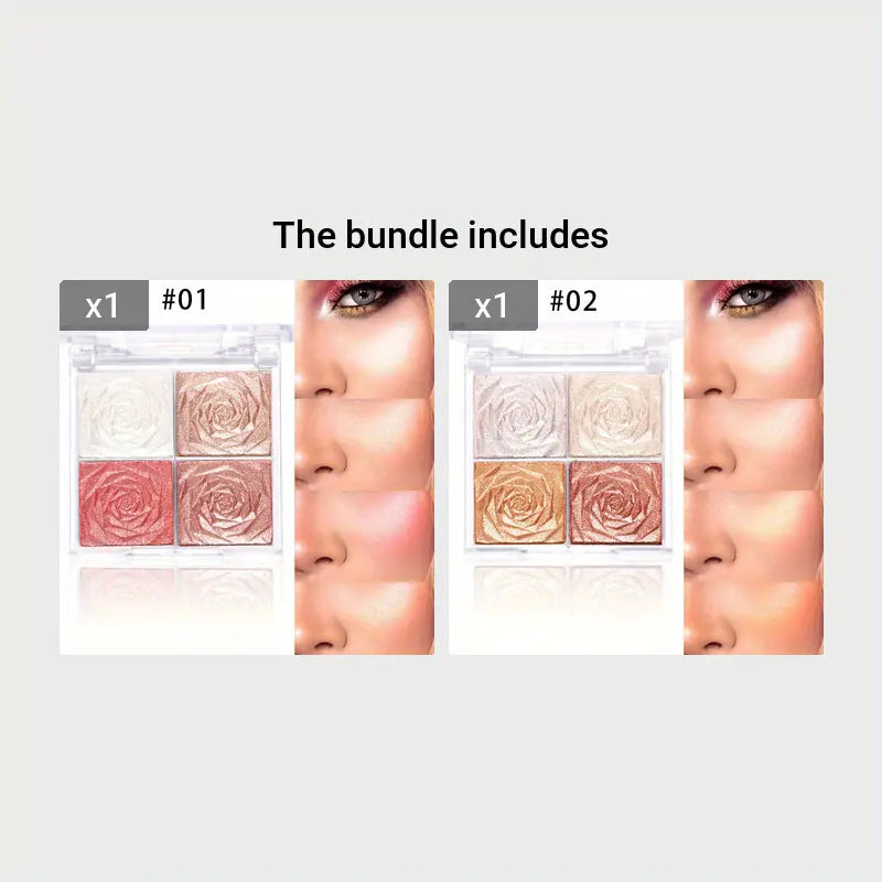 Long-Lasting Rose Highlighter Palette With Glitter And Shimmer - Perfect For Contouring And Brightening Your Face, Valentine's Day Gift