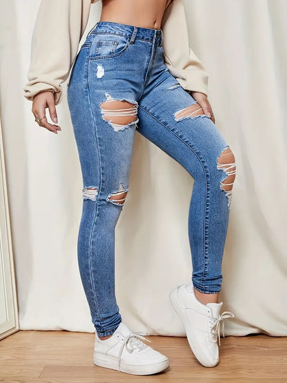 Ripped Distressed Skinny Jeans, Solid Color Washed Blue Zipper Button Closure Sexy Denim Pants, Women's Denim Jeans & Clothing