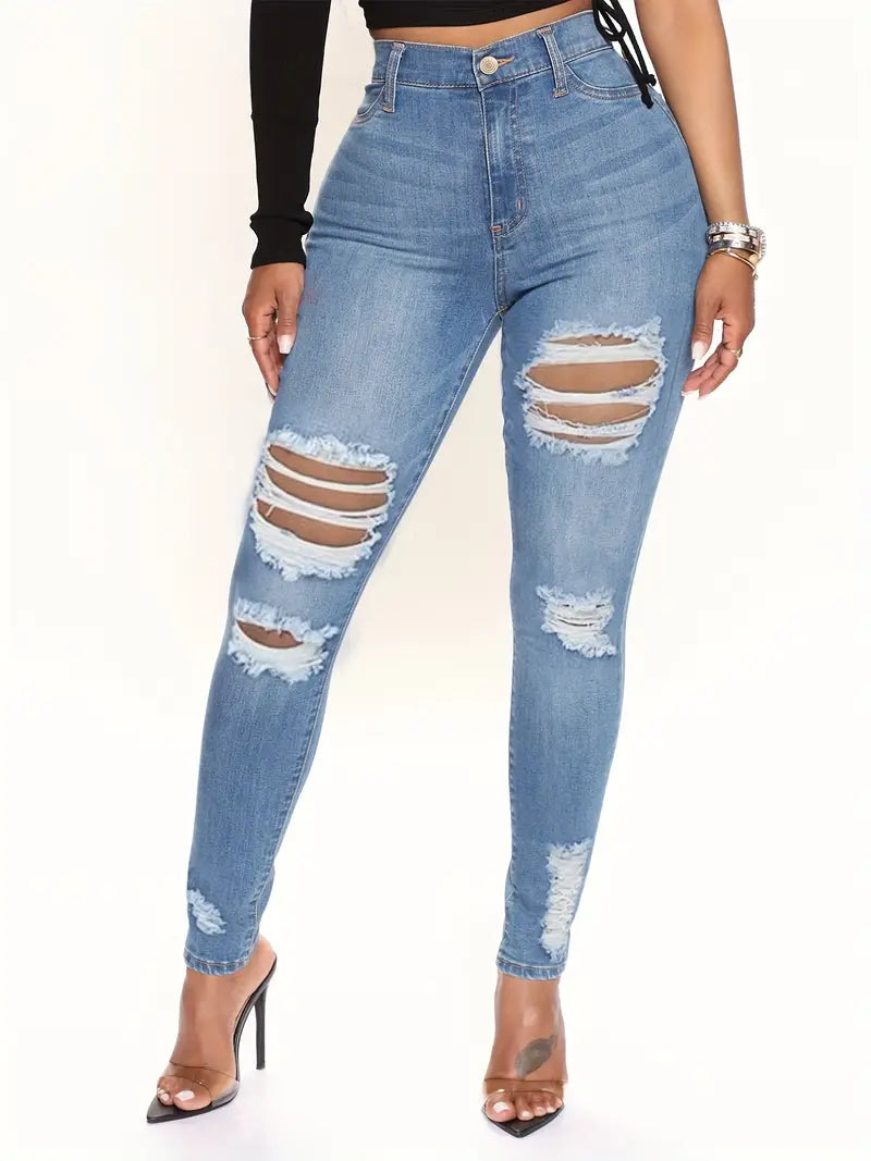 Women's Distressed Denim Jeans with Ripped Slash Pockets - High Waist Skinny Fit for a Tight Look!