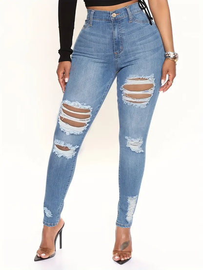 Blue Ripped Stretchy Skinny Fit Jeans, Distressed Slash Pockets High Waist Tight Fit Denim Jeans, Women's Denim Jeans & Clothing