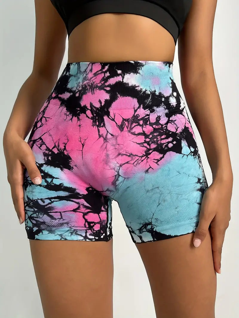 Women's High Waist Tie Dye Yoga Shorts, Butt Lifting Biker Shorts For Fitness And Sports, Women's Activewear