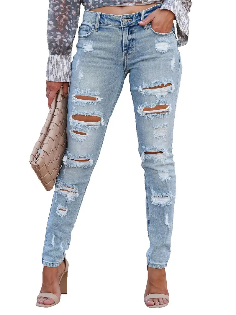 High Stretch Ripped Legs Skinny Jeans, Frayed Distressed Light Blue Denim Pants, Women's Denim & Clothing