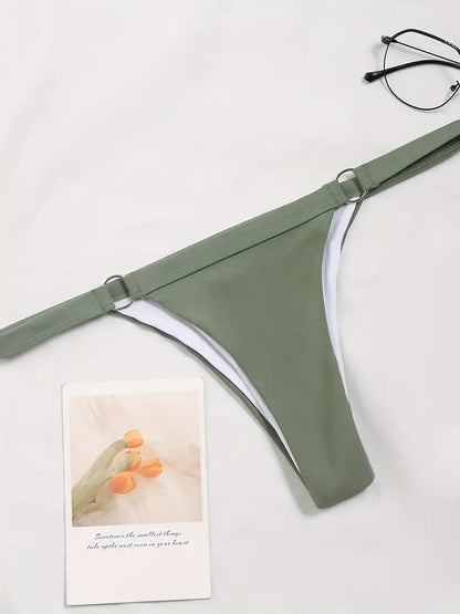 Green High-Stretch Bikini Bottom, Sexy Style High Cut Ring-Linked Beachwear Thongs, Women's Swimwear & Clothing