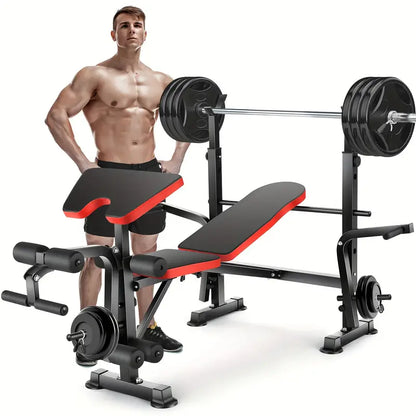 Home Gym 600lbs Adjustable Weight Bench with Squat Rack, Bench Press Set Adjustable Incline Strength Training Workout Bench W/ Leg Developer Preacher Curl