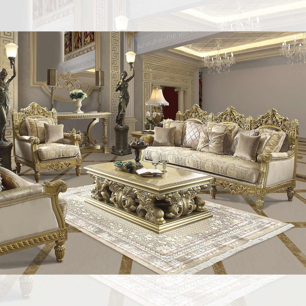 3pc Sofa Set Living Room Set in Metallic Bright Gold