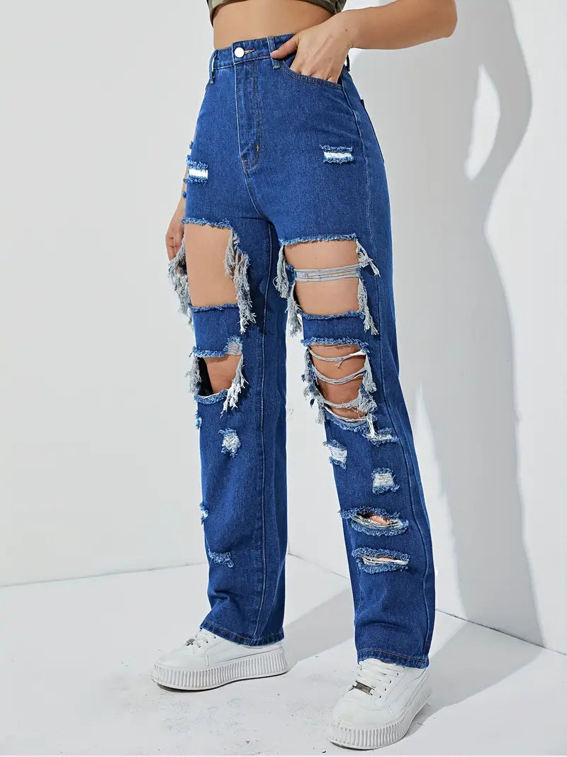 Women's Grunge Denim Jeans: High Rise Destroyed Legs & Slim Fit Ripped Distressed Pants