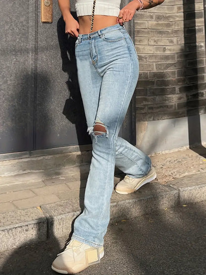 Blue High Waist Flared Jeans, Ripped Holes Slash Pockets Boot-Cut Denim Pants, Women's Denim Jeans & Clothing