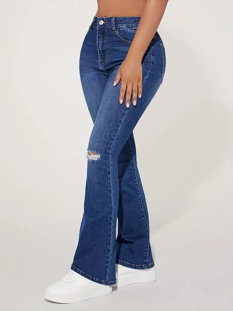 Ripped High Rise Flare Leg Jeans, Stretchy Slash Pocket Distressed Solid Color Bell Bottom Denim Pants, Women's Denim Jeans & Clothing