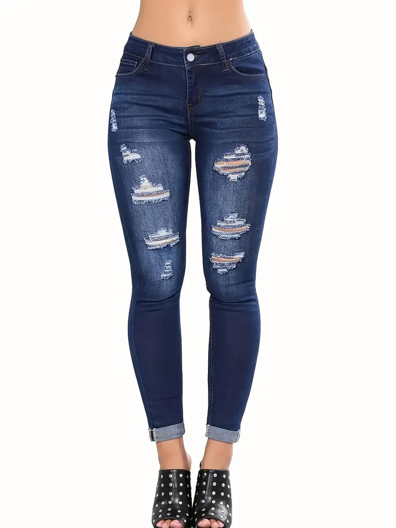 Jean skinny déchiré bleu marine pour femme – Coupe slim, pantalon en denim hautement extensible pour un maximum de confort et de style. 