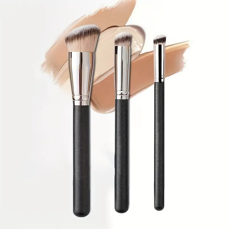 Ensemble de 3 pinceaux de maquillage professionnels – Fond de teint incliné, correcteur plat et mini pinceaux plats pour estomper, pointiller, contour du nez – Poils en nylon, manche en plastique ABS, non parfumé, peau normale 