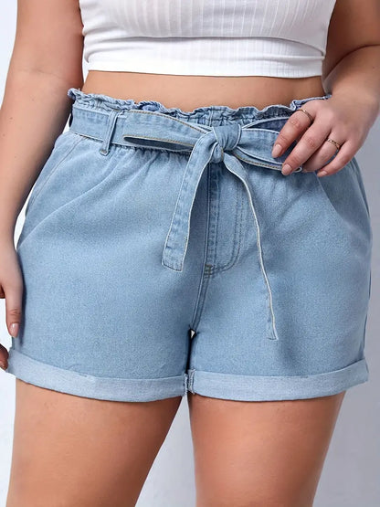 Plus Size Casual Denim Shorts, Women's Plus Solid Elastic Paperbag Waist Roll Hem High Rise Denim Shorts With Belt