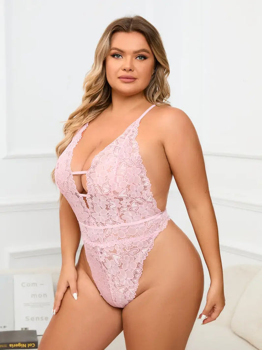 Plus Size Sexy Lingerie Bodysuit, Women's Plus Heart & Floral Lace Cut Out Ciss Cross Teddy Bodysuit