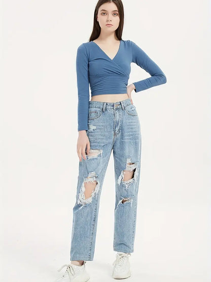 Jean en denim déchiré taille haute coupe ample pour femme - Poches obliques et pantalon ample non extensible 