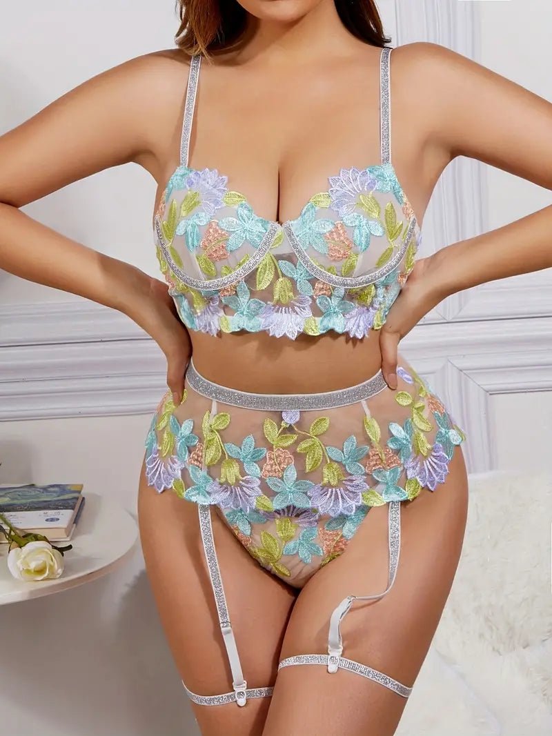 Romantic Dopamine Dressing: Women's Sexy Floral Embroidery Lingerie Set with Push Up Bra & Mesh Thongs