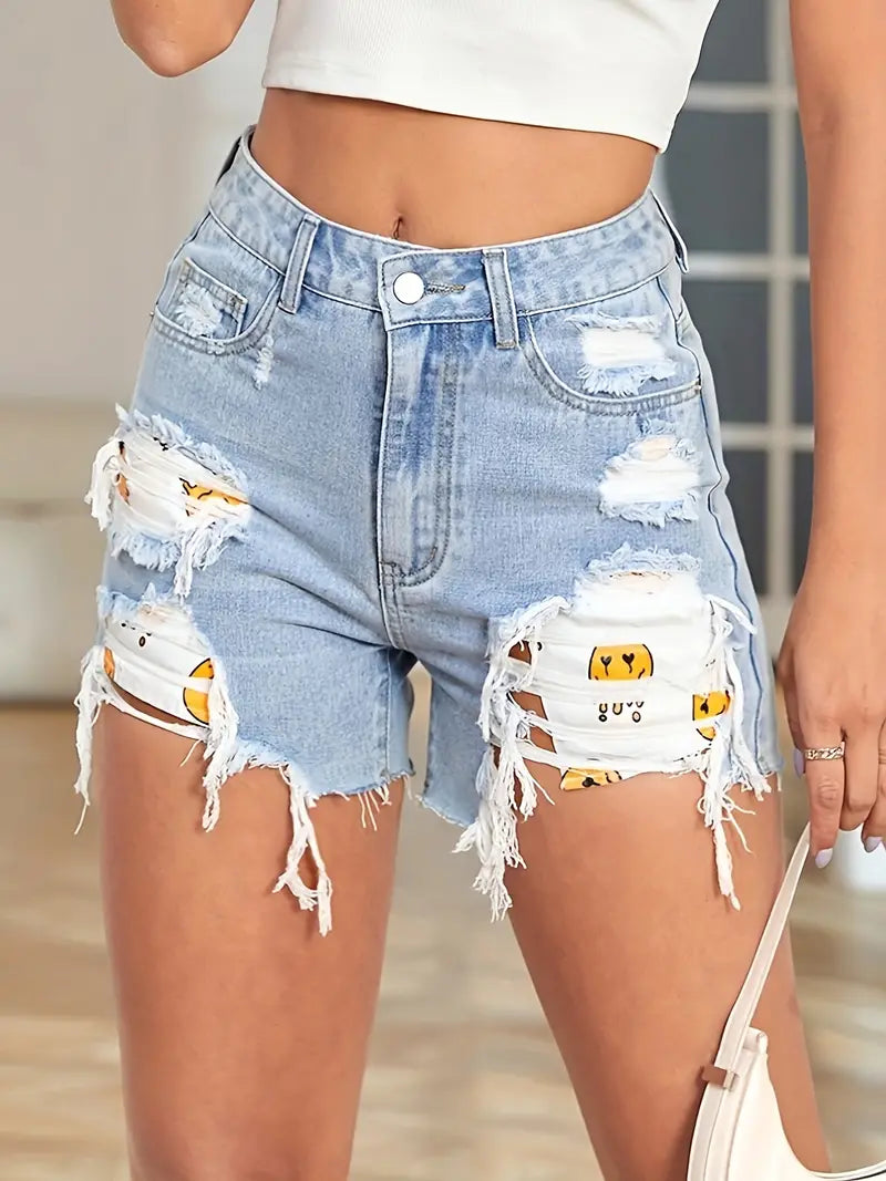 Blue Ripped Holes Denim Shorts, Expression Pattern Distressed High Waist Casual Denim Shorts, Women's Denim Jeans & Clothing