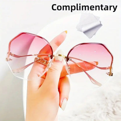 Stylish and Safe: Women's Rimless Cut Edge Sunglasses with UV Protection and Ocean Gradient Tea Pink Tint!