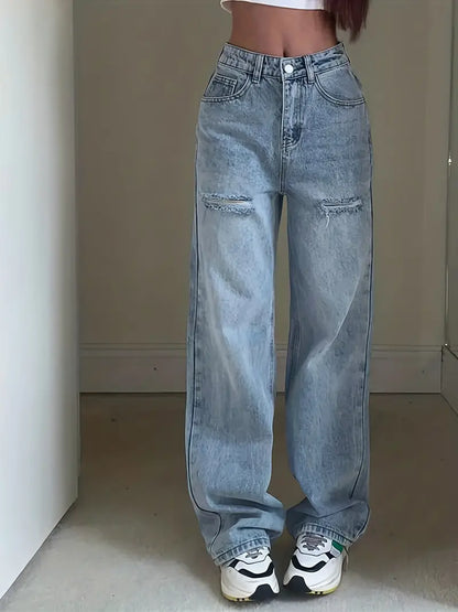 Blue High Rise Straight Jeans, Ripped Holes Loose Fit Slant Pockets Wide Legs Jeans, Women's Denim Jeans & Clothing