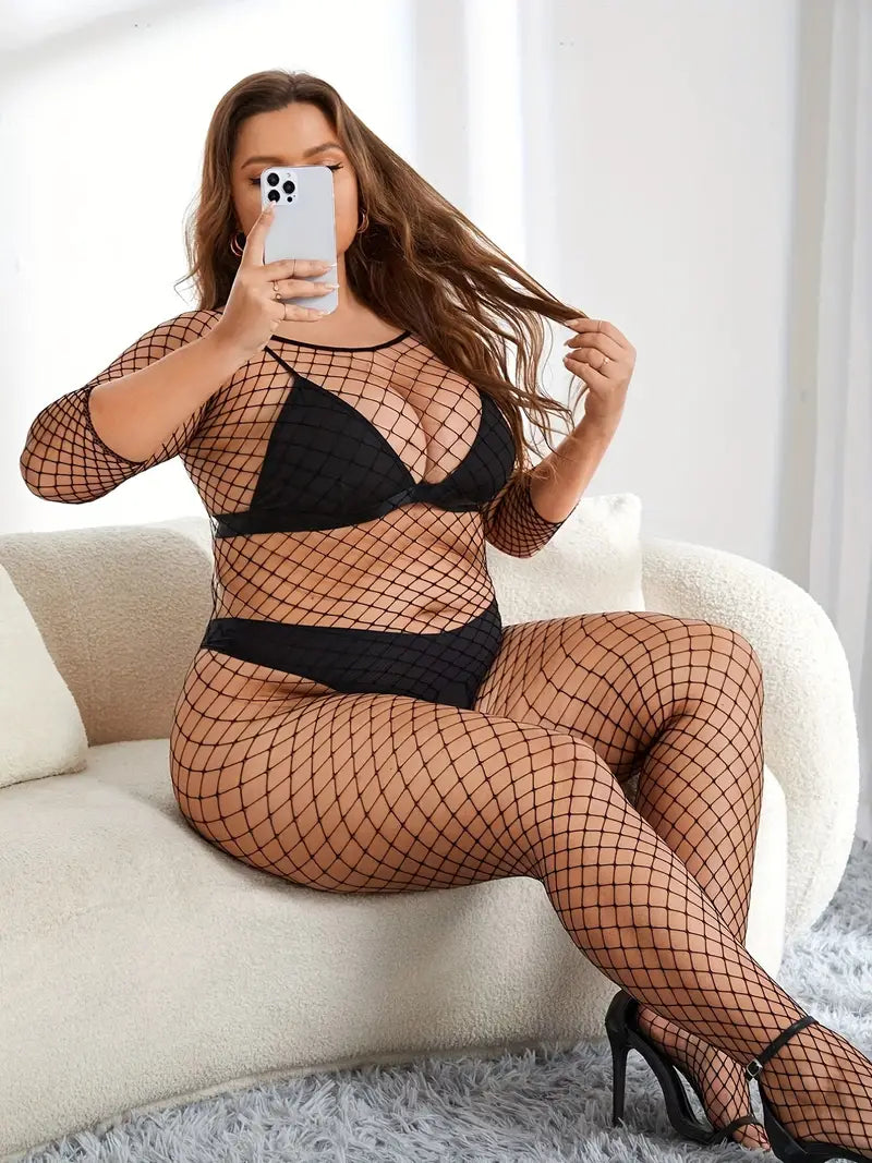 Plus Size Sexy Bodysuit, Women's Plus See Though Crotchless Fishnet One Piece Bodystockings