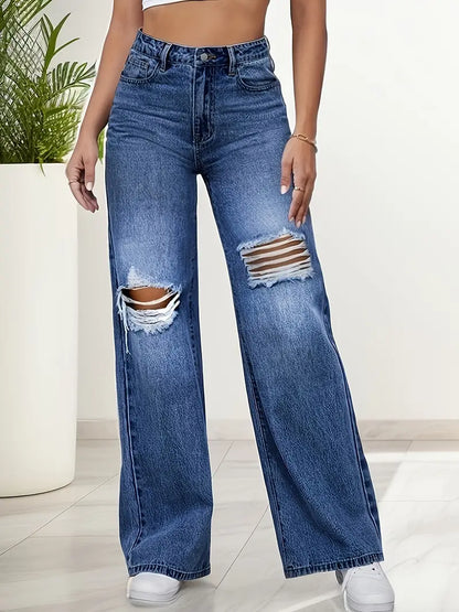 Women's Dark Wash Loose Water Ripple Embossed Wide Leg Jeans - Ripped Knee Cut High Waist Denim Pants