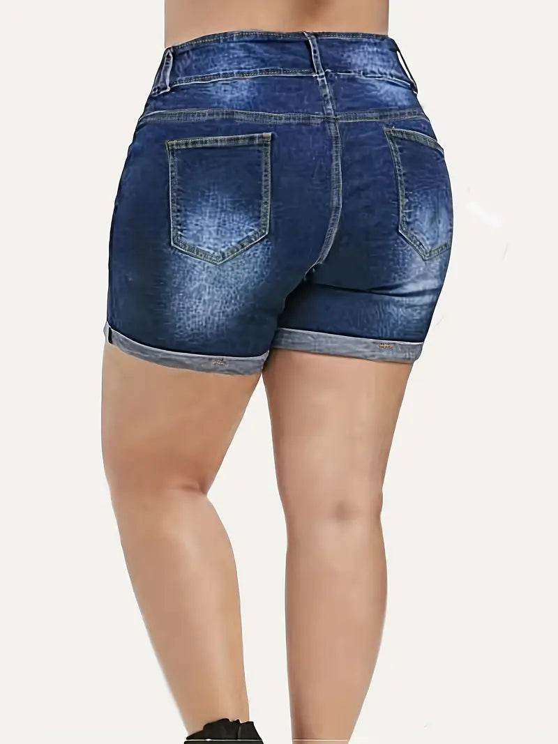 Plus Size Casual Denim Shorts, Women's Plus Ripped High Rise Medium Stretch Denim Shorts