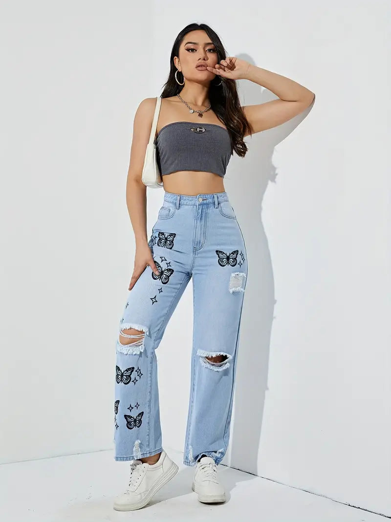 Bleach Wash Ripped Detail Butterfly Jeans, Star Print Distressed High Rise Mom Jeans, Women's Denim Jeans & Clothing