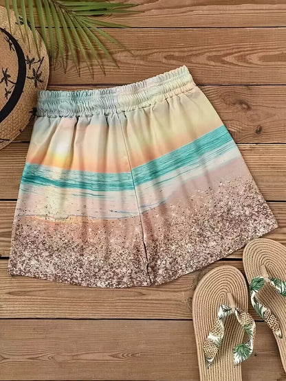 Women's Summer Casual Slant Pockets Shorts with Beach Landscape Print - Perfect for Beach Days!