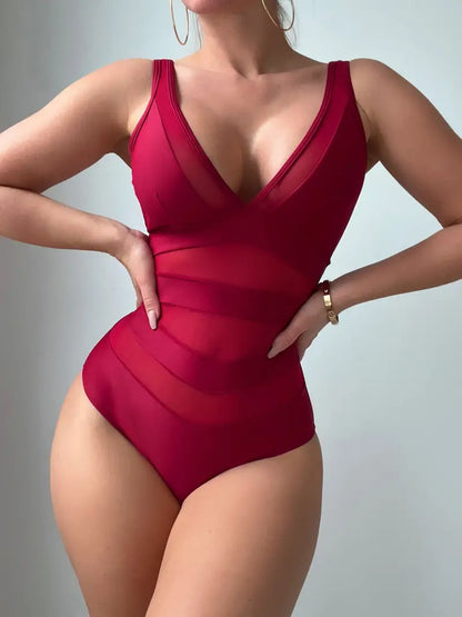 Contrast Mesh One Piece Swimsuit, V Neck Solid Color Backless Tummy Control High Cut Bathing Suit, Women's Swimwear & Clothing