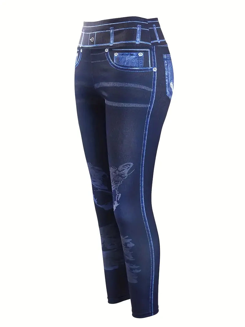 Shape Your Figure with Women's Imitation Denim Print High Waist Butt Lifting Leggings - Perfect for Yoga & Activewear!