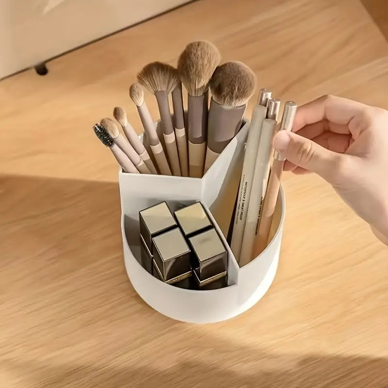 Rotating Makeup Brush Holder 3 Compartments, Cosmetic Supplies Organizer For Pen, Eyebrow Pencil, Makeup Brushes, Desktop Storage Box In Classroom & Art Studio, Gift For Teachers, Classmates, And Friends