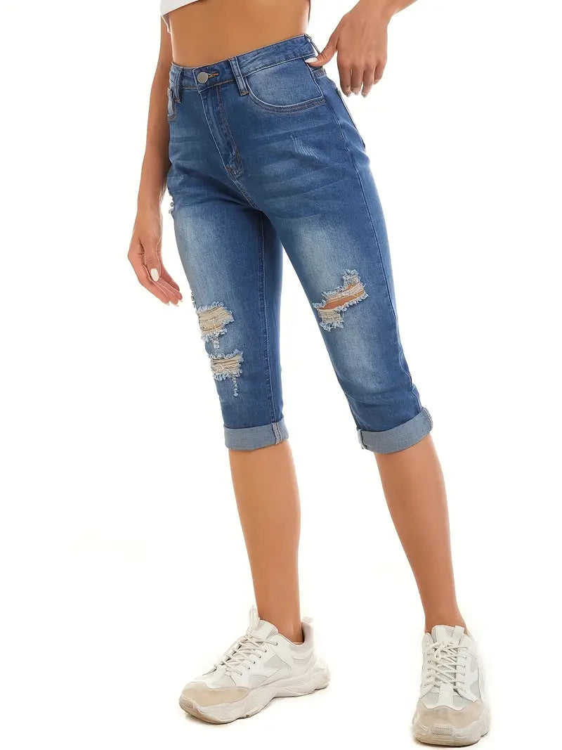 Blue Ripped Holes Capris Jeans, Slim Fit Mid-Stretch Cropped Denim Pants, Women's Denim Jeans & Clothing