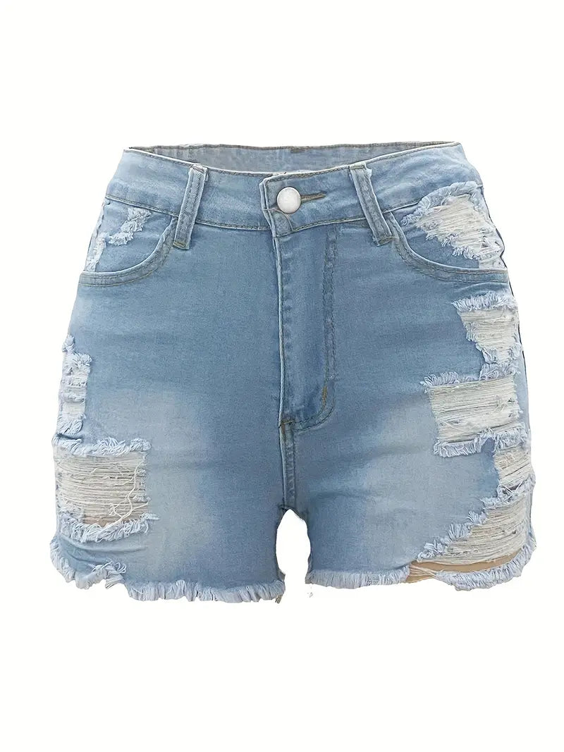 Plus Size Sexy Denim Shorts, Women's Plus Washed Ripped High Leg Cut Button Fly Denim Shorts