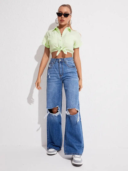 Blue Loose Fit Straight Jeans, Slash Pockets Ripped Holes High Waist Baggy Denim Pants, Women's Denim Jeans & Clothing