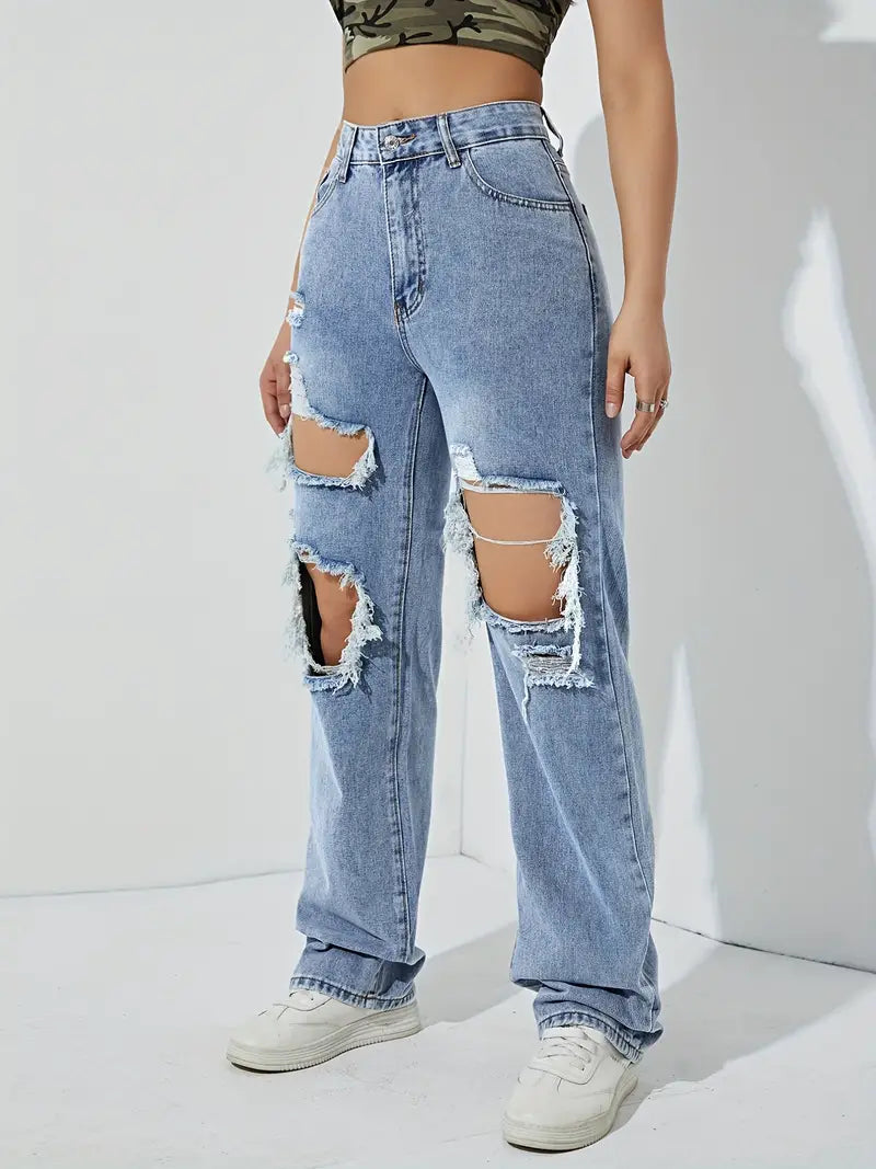 High Rise Ripped Thigh Distressed Front Fabrics Straight Lets Loose Fit Zipper Button Closure Plicated Hem Light Blue Boyfriend Jeans, Women's Denim Jeans, Women's Swimwear