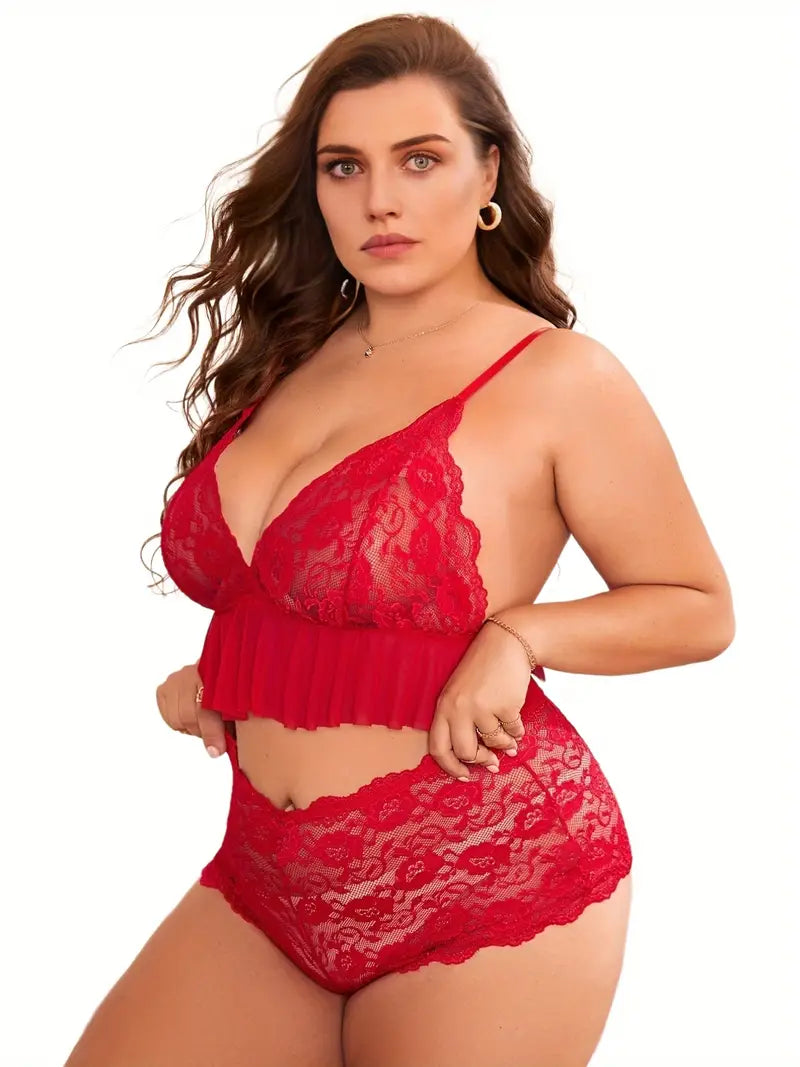 Plus Size Sexy Lingerie Set: Contrast Lace & Semi Sheer Costumes for Women