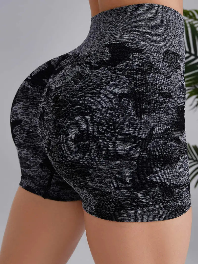 Plus Size Sports Shorts, Women's Plus Camo Print High Rise Stretchy Ruched Yoga Shorts