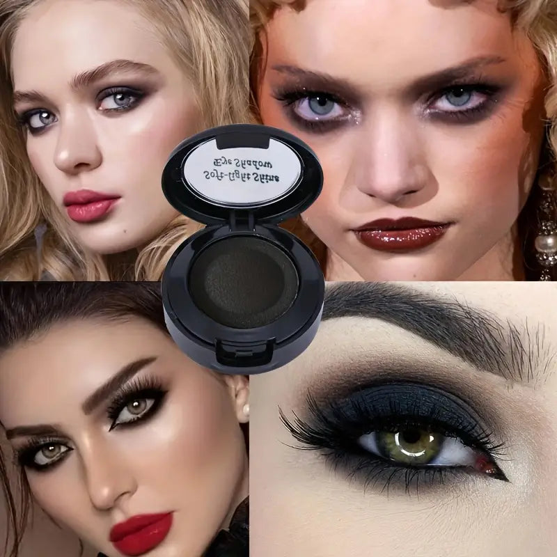 Monochrome Black Eyeshadow Powder, Black Smokey Makeup For Festival And Stage, Pearly Brightening Glitter Shimmer Contouring Eyeshadow, Double Decked With Brush