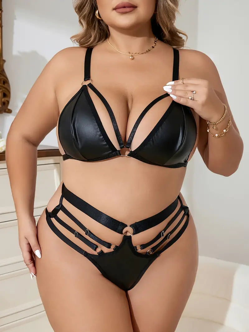 Plus Size Sexy Lingerie Set, Women's Plus Solid PU Leather Strappy Bra & Cut Out Thong, Harness Lingerie Two Piece Set