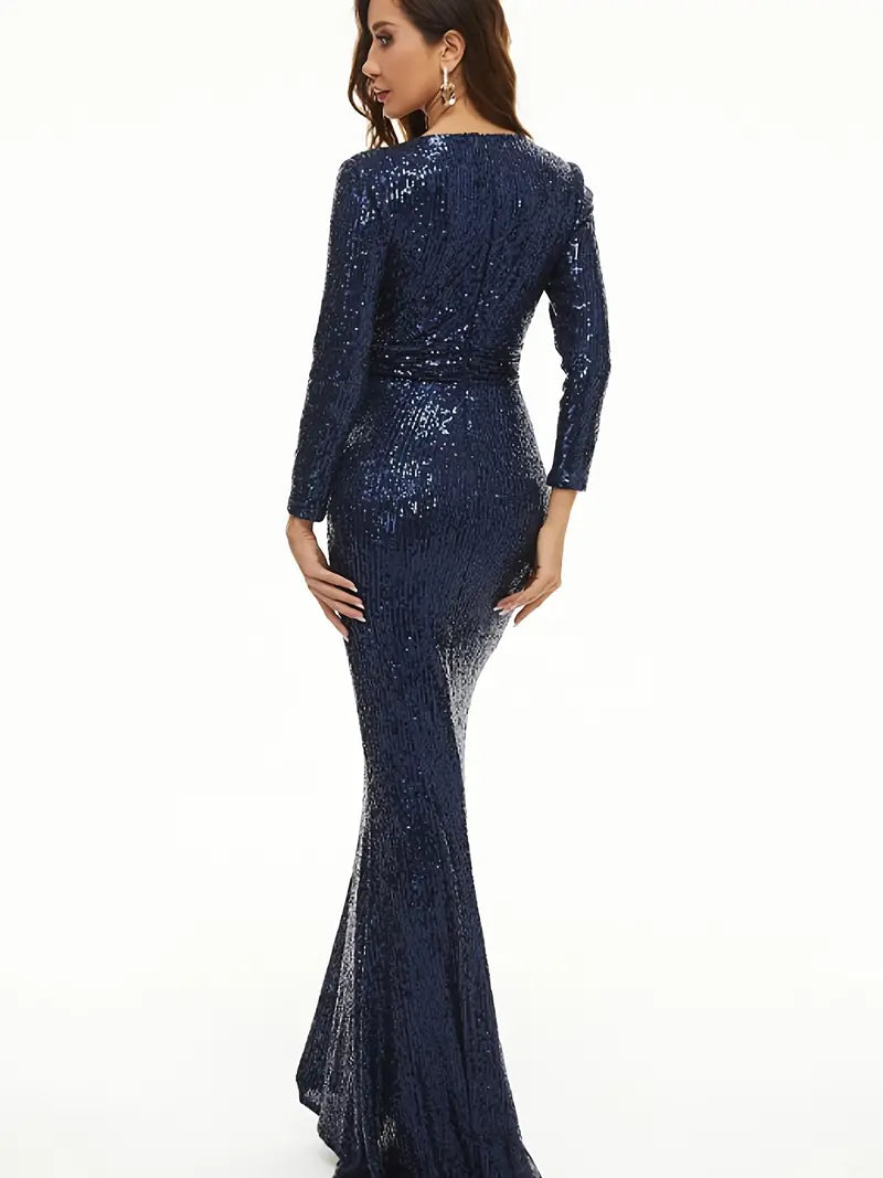 Elegant Skinny Sequined Dress, Long Sleeve Floor Length Bridesmaid Guest Evening Gown Dress For Party & Banquet, Women's Clothing