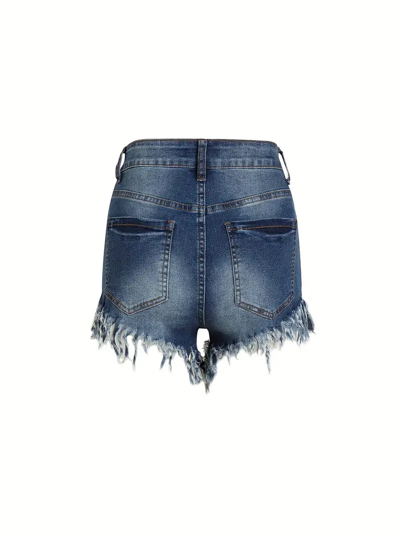 Blue Raw Hem Denim Shorts, Mid Waist Slash Pockets Mid-Stretch Short Denim Pants, Women's Denim Jeans & Clothing