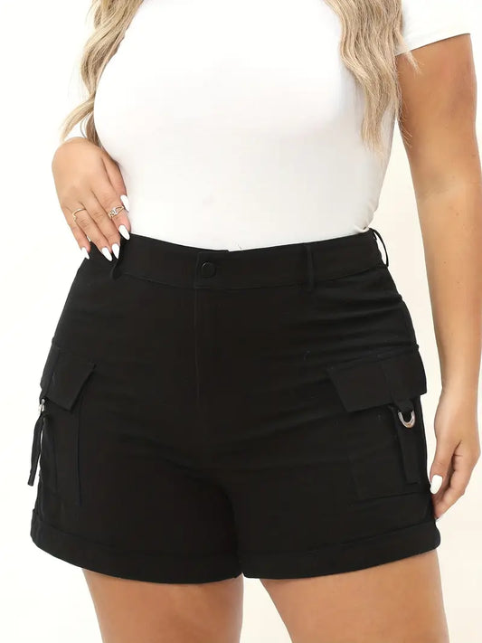 Plus Size Casual Cargo Shorts, Women's Plus Solid Buckle High Rise Button Fly Roll Up Hem Shorts