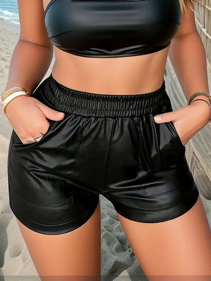 PU Leather Elastic Waist Pocket Shorts, Elegant Shorts For Spring & Summer, Women's Clothing