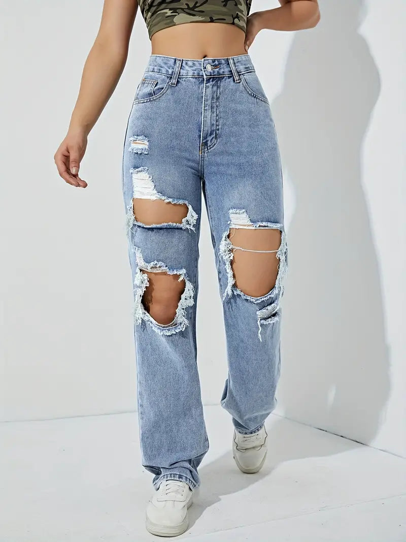 High Rise Ripped Thigh Distressed Front Fabrics Straight Lets Loose Fit Zipper Button Closure Plicated Hem Light Blue Boyfriend Jeans, Women's Denim Jeans, Women's Swimwear