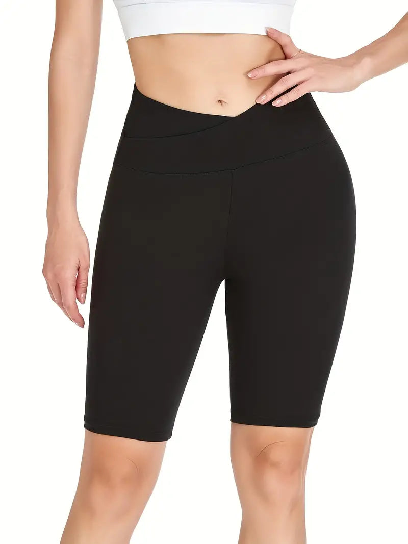 Women's Activewear: Crossover Waist Solid Biker Shorts for Comfort and Style During Workouts and Yoga!